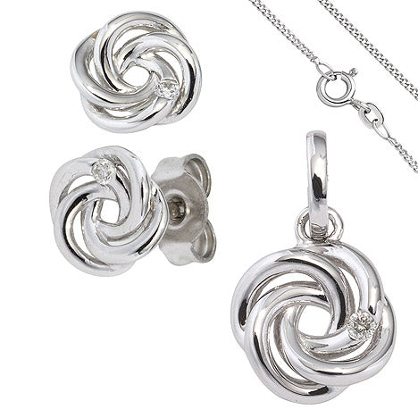 Schmuck-Set Knoten 585 Gold Weißgold 3 Diamanten Ohrringe und Kette 42 cm