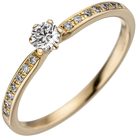 Damen Ring 585 Gold Gelbgold 15 Diamanten Brillanten Goldring Diamantring - 52