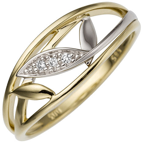 Damen Ring 585 Gold Gelbgold Weißgold bicolor 3 Diamanten Brillanten Goldring - 60