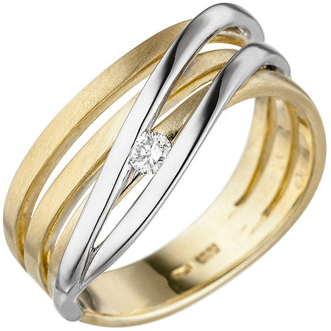 Damen Ring 585 Gold Gelbgold Weißgold bicolor teil matt 1 Diamant Brillant - 58