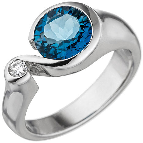 Damen Ring 585 Gold Weißgold 1 Blautopas hellblau blau 1 Diamant Brillant - 60