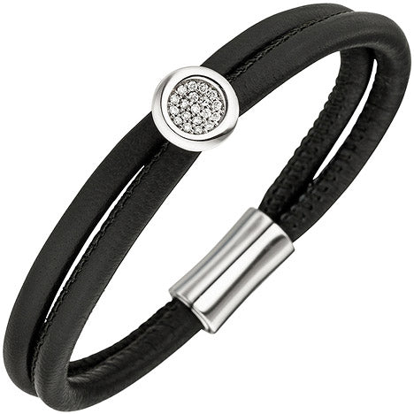 Armband 2-reihig Leder schwarz mit 585 Gold Weißgold 19 Diamanten Brillanten