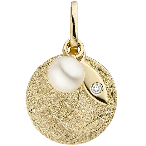 Anhänger 585 Gold Gelbgold eismatt 1 Süßwasser Perle 1 Diamant Brillant