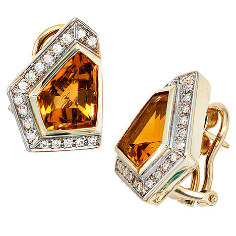 Ohrstecker eckig 585 Gold Gelbgold 34 Diamanten 2 Citrine orange Ohrringe