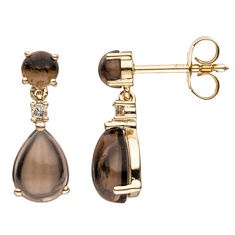 Ohrhänger Tropfen 585 Gold Gelbgold 2 Diamanten 4 Rauchquarz-Cabochons braun