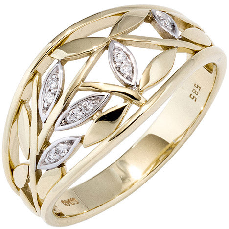 Damen Ring breit 585 Gold Gelbgold bicolor 9 Diamanten Brillanten Goldring - 52