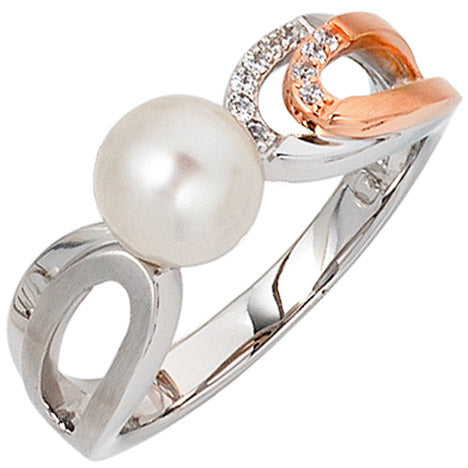 Damen Ring 585 Gold Weißgold Rotgold bicolor 1 Süßwasser Perle 10 Diamanten - 58