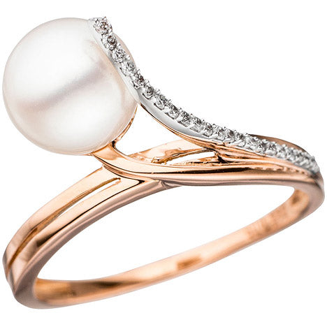 Damen Ring 585 Rotgold Weißgold 1 Süßwasser Perle 22 Diamanten Brillanten - 56