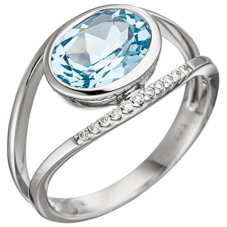 Damen Ring 585 Weißgold 11 Diamanten Brillanten 1 Blautopas hellblau blau - 58
