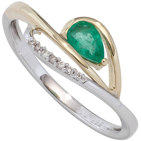 Damen Ring 585 Weißgold Gelbgold bicolor 1 Smaragd grün 7 Diamanten Brillanten - 54