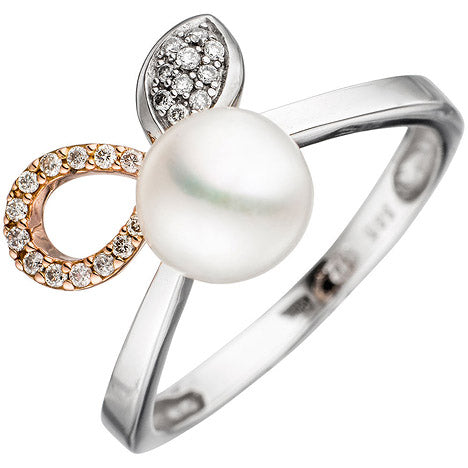 Damen Ring 585 Weißgold Rotgold bicolor 1 Süßwasser Perle 25 Diamanten - 56