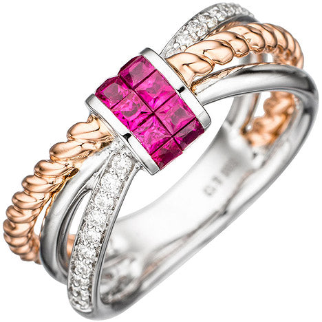 Damen Ring 585 Weißgold Rotgold bicolor 10 Rubine rot 20 Diamanten Brillanten - 56