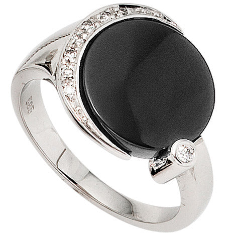 Damen Ring 585 Gold Weißgold 1 Onyx schwarz 8 Diamanten Brillanten Goldring - 60