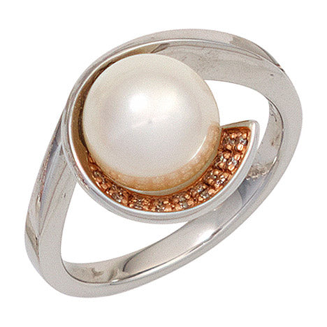 Damen Ring 585 Gold Weißgold 1 Süßwasser Perle 17 Diamanten Brillanten Goldring - 52