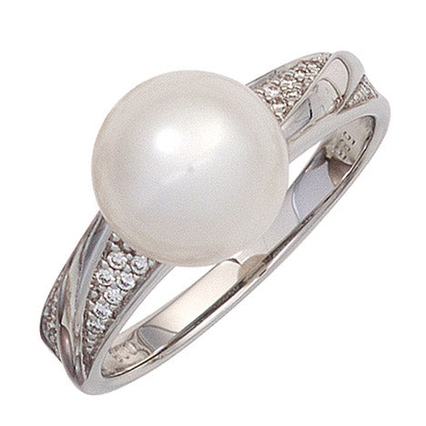 Damen Ring 585 Gold Weißgold 1 Süßwasser Perle 20 Diamanten Brillanten Goldring - 56