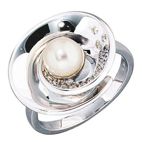 Damen Ring 585 Gold Weißgold 1 Süßwasser Perle 22 Diamanten Brillanten Goldring - 56