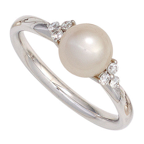 Damen Ring 585 Gold Weißgold 1 Süßwasser Perle 6 Diamanten Brillanten Goldring - 54