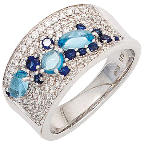 Damen Ring 585 Gold Weißgold 12 Safire blau 3 Blautopase hellblau 81 Diamanten - 58