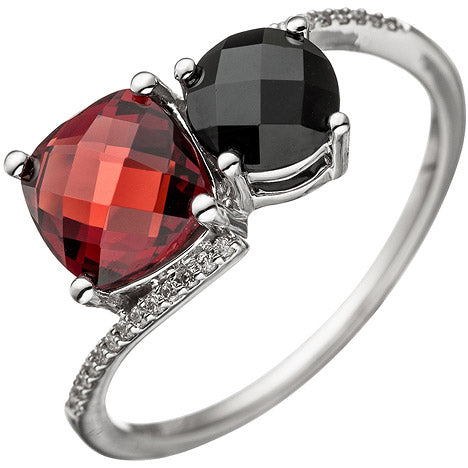 Damen Ring 585 Gold Weißgold 24 Diamanten Brillanten 1 Granat rot 1 Onyx - 56
