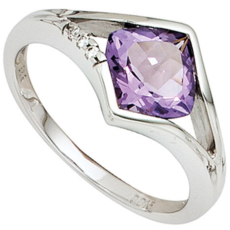 Damen Ring 585 Gold Weißgold 3 Diamanten Brillanten 1 Amethyst lila violett - 50