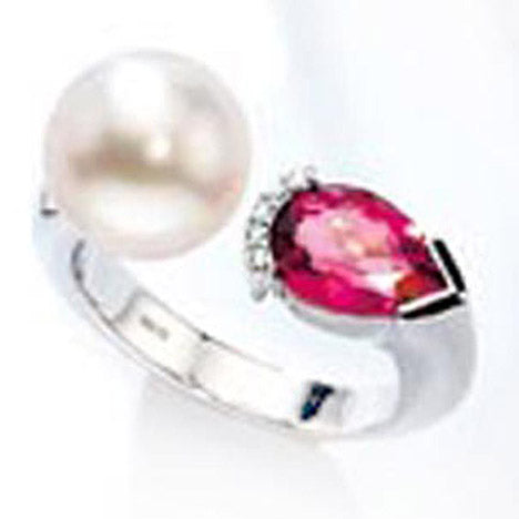Damen Ring 585 Gold Weißgold 5 Diamanten 1 Südsee Perle 1 Turmalin rosa - 56