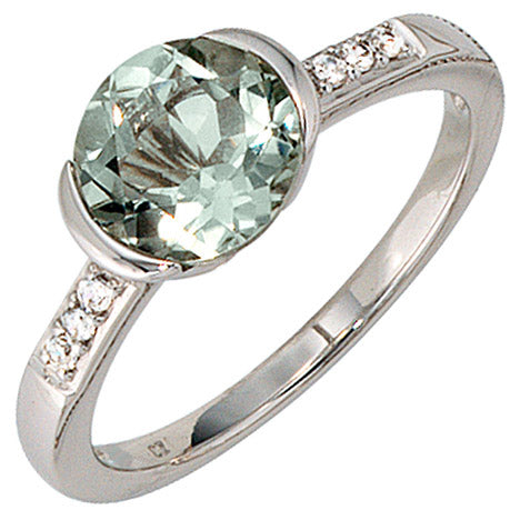 Damen Ring 585 Gold Weißgold 6 Diamanten Brillanten 1 Amethyst grün Goldring - 56