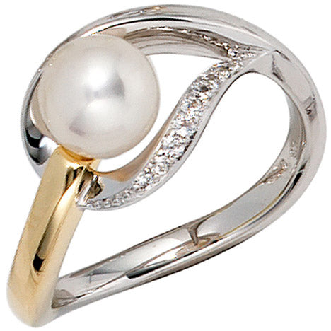 Damen Ring 585 Gold Weißgold Gelbgold bicolor 1 Süßwasser Perle 9 Diamanten - 58