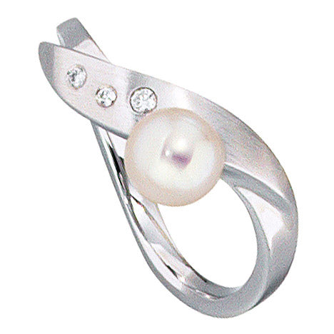 Damen Ring 585 Gold Weißgold mattiert 1 Akoya Perle 3 Diamanten Brillanten - 54