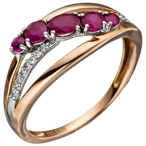 Damen Ring 585 Gold Rotgold 5 Rubine rot 16 Diamanten Brillanten Rubinring - 52