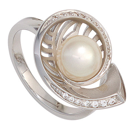 Damen Ring 585 Gold Weißgold 1 Akoya Perle 19 Diamanten Brillanten Perlenring - 58