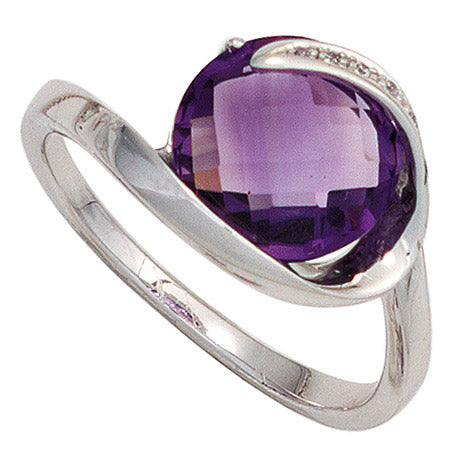 Damen Ring 585 Gold Weißgold 1 Amethyst lila violett 5 Diamanten Brillanten - 60