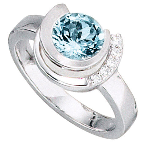 Damen Ring 585 Gold Weißgold 1 Aquamarin hellblau blau 5 Diamanten Brillanten - 52
