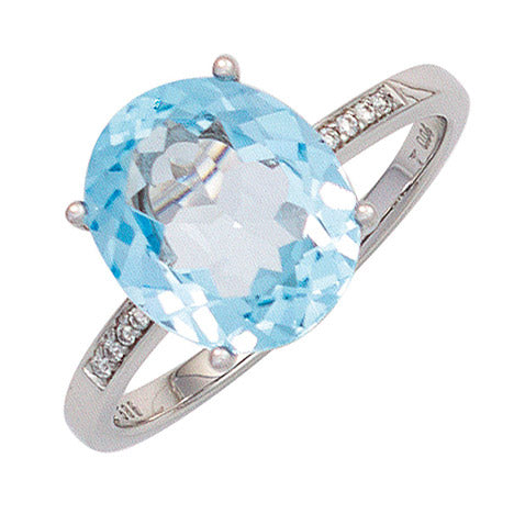 Damen Ring 585 Gold Weißgold 1 Blautopas hellblau blau 8 Diamanten Brillanten - 58