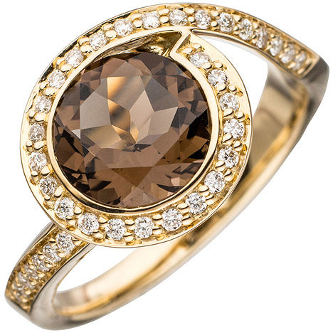 Damen Ring 585 Gold Gelbgold 1 Rauchquarz braun 36 Diamanten Brillanten Goldring - 56
