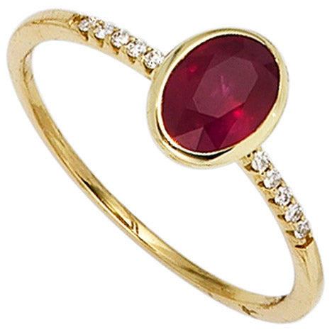 Damen Ring 585 Gold Gelbgold 1 Rubin rot 10 Diamanten Brillanten Goldring - 54