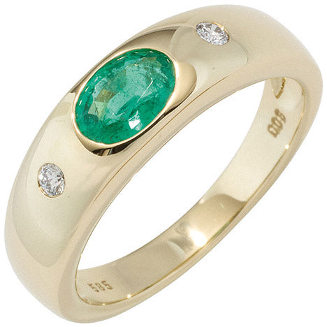 Damen Ring 585 Gold Gelbgold 1 Smaragd grün 2 Diamanten Brillanten Goldring - 52