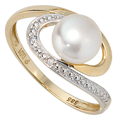 Damen Ring 585 Gold Gelbgold 1 Süßwasser Perle 2 Diamanten Brillanten Perlenring - 50