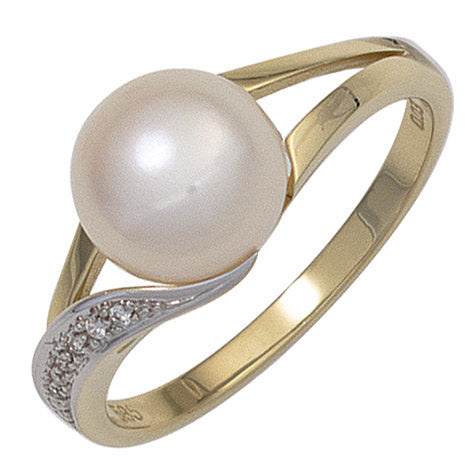 Damen Ring 585 Gold Gelbgold 1 Süßwasser Perle 6 Diamanten Brillanten Perlenring - 60