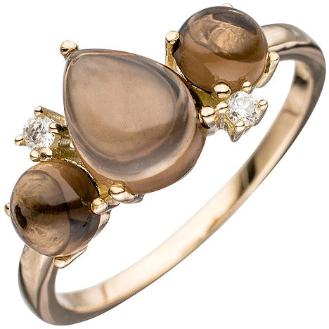 Damen Ring 585 Gold Gelbgold 3 Rauchquarz-Cabochons braun 2 Diamanten Goldring - 60