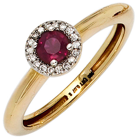 Damen Ring 585 Gold Gelbgold bicolor 1 Rubin rot 18 Diamanten Brillanten - 56