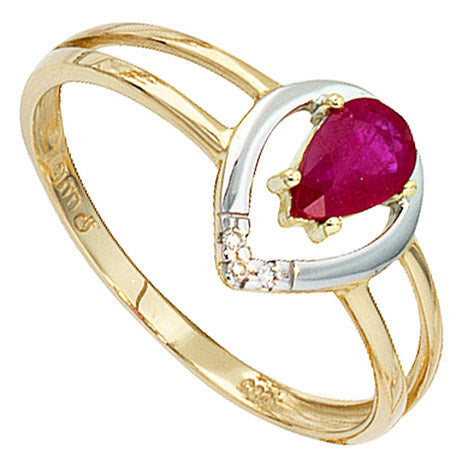 Damen Ring 585 Gold Gelbgold bicolor 1 Rubin rot 3 Diamanten Brillanten Goldring - 56