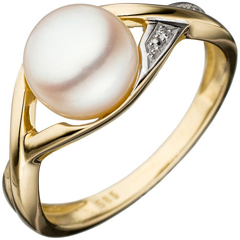 Damen Ring 585 Gold Gelbgold bicolor 1 Süßwasser Perle Goldring Perlenring - 56