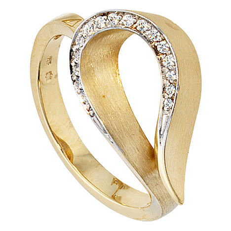 Damen Ring 585 Gold Gelbgold bicolor teilmatt 16 Diamanten Brillanten Goldring - 56
