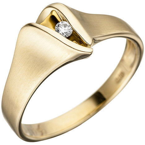 Damen Ring 585 Gold Gelbgold matt 1 Diamant Brillant Goldring Diamantring - 56