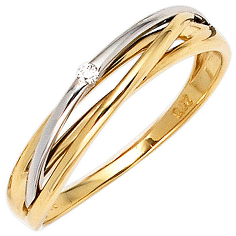 Damen Ring 585 Gold Gelbgold Weißgold bicolor 1 Diamant Brillant 0 02ct. - 56