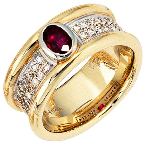 Damen Ring 585 Gold Gelbgold Weißgold bicolor 1 Rubin rot 28 Diamanten Goldring - 56