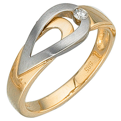 Damen Ring 585 Gold Gelbgold Weißgold bicolor matt 1 Diamant Brillant - 54