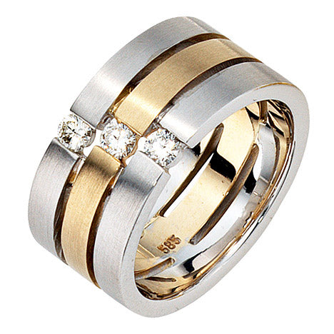 Damen Ring 3-reihig breit 585 Gold Weißgold Gelbgold bicolor matt 3 Diamanten - 58