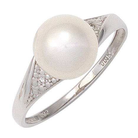 Damen Ring 333 Gold Weißgold 1 Süßwasser Perle 2 Diamanten Brillanten Perlenring - 50