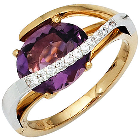 Damen Ring 585 Gold bicolor 11 Diamanten Brillanten 1 Amethyst lila violett - 52